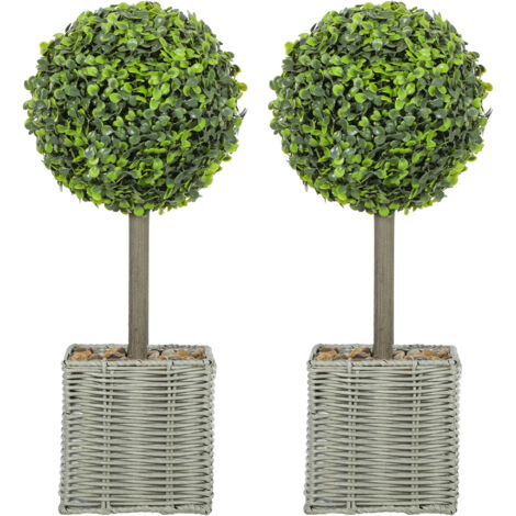 Lot 2 plantes artificielles décoratives boules buis artificiel 50 cm pot plastique tressé galets vert