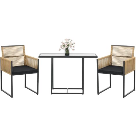 Ensemble table verre + 2 chaises rotin synthétique dossiers pliants imbriqués coussins, naturel/noir (1/5)