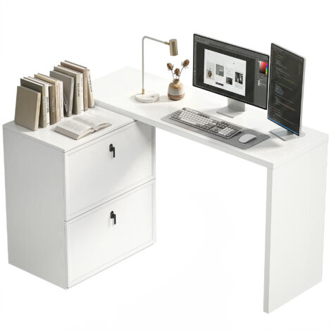 Bureau réversible forme l 2 tiroirs dossiers design moderne petits espaces, blanc (1/5)