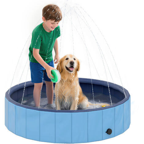 Grande piscine chien pliable avec arroseur, PVC antidérapant, Ø120x30 cm, bleu clair (1/5)