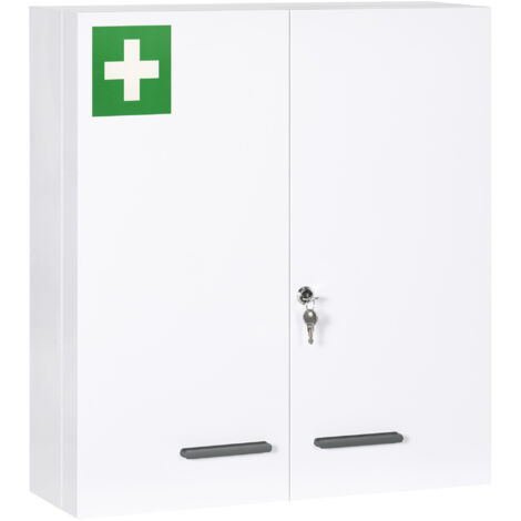 Trousse premiers secours 3 niveaux pharmacie serrure 2 clés cuisine/salle bain, 55x18x60 cm, blanc (1/5)