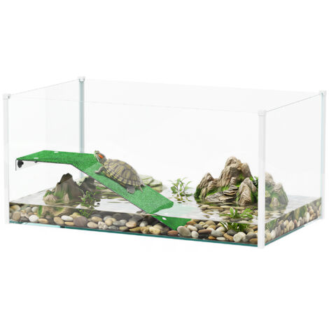 Aquarium tortues, terrarium avec rampe plateforme, vue panoramique 360°, 60x35x28 cm, blanc