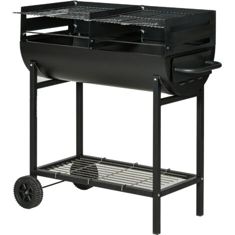 Barbecue acier 2 barbecues indépendants 2 roues étagère basse 90x45x96 cm noir (1/5)