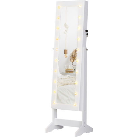 Armoire à bijoux miroir réglable 20 LED, bois blanc, 40x37x146 cm, idéal pour accessoires. (1/5)