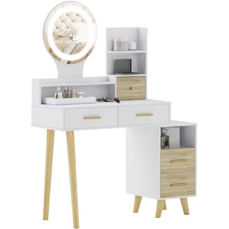 Coiffeuse miroir lumières LED réglables, 5 tiroirs, 4 compartiments, 1 étagère, 100x44x137 cm, blanche/naturelle (1/5)