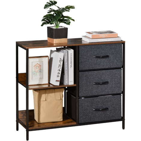 Commode étroite tissu 3 tiroirs pliants 2 étagères ouvertes grand plan chambre/salon/couloir, brun rustique/gris foncé (1/5)