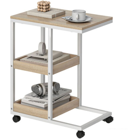 Table appoint forme c roues étagères ouvertes cadre acier chambre salon, 51x33x66 cm, naturel/blanc (1/5)