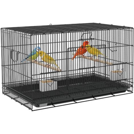 Cage oiseaux 77x46x45 cm cage métal plateau amovible 2 perchoirs 2 mangeoires 2 perchoirs, noirs (1/5)