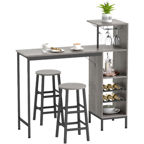 Ensemble Table de Bar avec Tabourets, Table à Manger Debout, 2 Chaises de Bar, Étagères, Casiers à Vin, Bois Naturel (1/5)