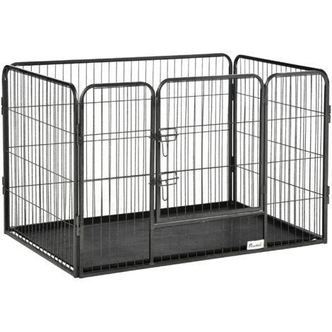 Clôture métallique parc animaux 4 panneaux porte double serrure plateau bas 109x74x71 cm gris (1/5)