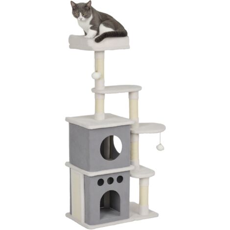 Griffe-chat tour 126 cm nids, plateformes, boules suspendues et poteaux sisal, crème (1/5)