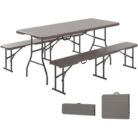 Ensemble pliant table bancs camping imitation bois extérieur 180x74x74 cm + 182x28x42 cm, marron (1/5)