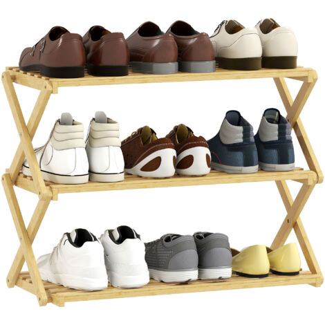 Porte-chaussures verticale bambou étroit pliant 3 niveaux sans installation, naturelle (1/5)
