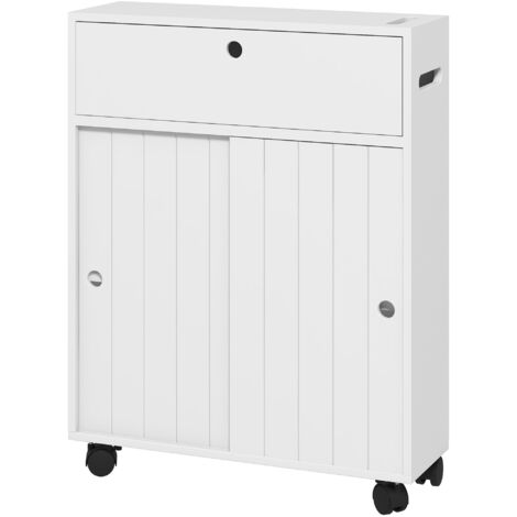 Armoire salle bain auxiliaire 4 roues, 2 trous papier, 2 placards, étagères réglables, 52x17x67 cm, blanc (1/5)