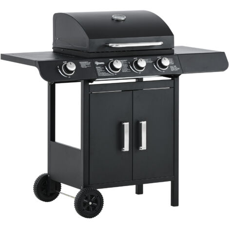 Barbecue gaz couvercle 4 brûleurs 11,6 kW cuisinière étagère 2 roues 110x50x100 cm noir (1/5)