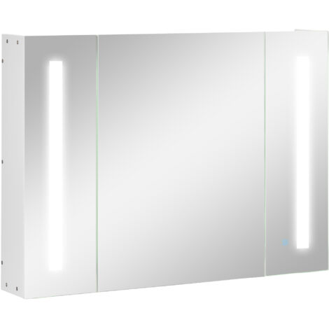 Miroir salle bain rangement meuble mural MDF 3 armoires 3 étagères LED, 90x15x65 cm, blanc (1/5)