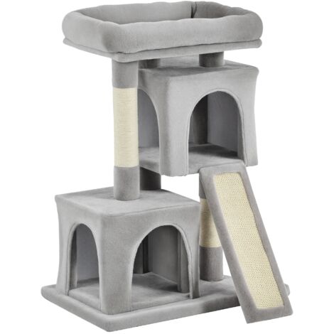 Griffoir Arbre pour Chats Adultes et Chatons, Poteaux Sisal, Lit de Camp, 2 Maisons, Revêtement Moelleux, 59 x 39 x 83 cm, Gris Clair (1/5)