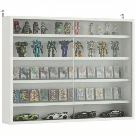 Vitrine murale bois étagères réglables 2 portes coulissantes verre, 80x9,5x60 cm, blanches (1/5)