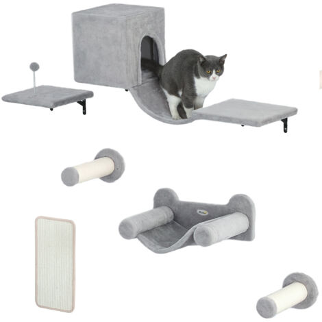 Ensemble grimpe mural 6 parties chats, plateforme, hamac, escalier, griffoire, gris (1/5)