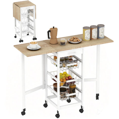 Chariot auxiliaire pliant, cuisine, 6 roues, 1 tiroir, 3 paniers métal, 97,2x37x77,5 cm, blanc/chêne (1/5)