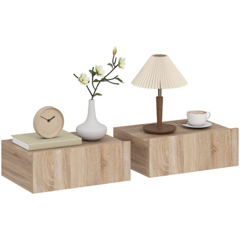 Lot 2 tables chevet murales flottantes 1 tiroir chambre, 40x30x15 cm, chêne (1/5)