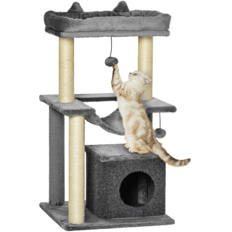 Arbre chat H90 cm 3 niveaux plateforme nid, boules suspendues et poteau sisal, 48x48x90 cm, gris (1/5)