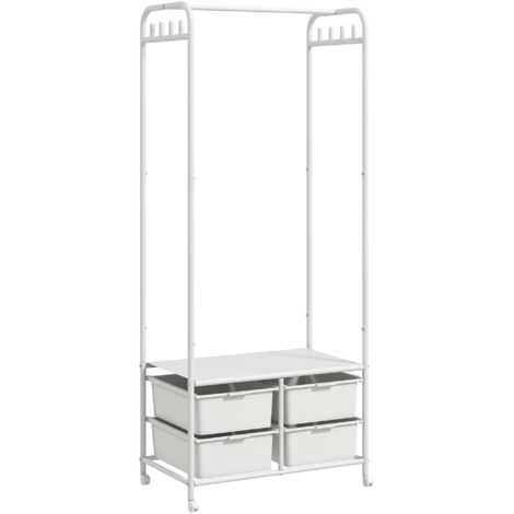 Porte-chaussures sur roulettes pour couloir, 8 crochets, 4 paniers à chaussures, cadre acier, 63x37x153 cm, blanc (1/5)