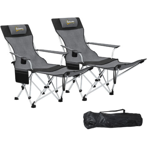 Lot 2 chaises camping pliantes repose-pieds porte-gobelet, 82x50/100x88 cm, gris (1/5)
