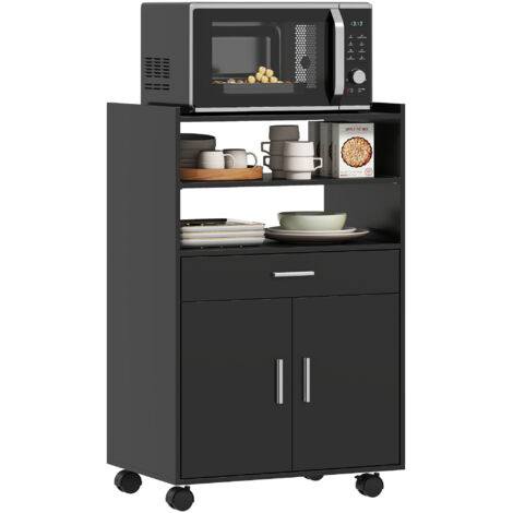 Armoire micro-ondes roues, tiroir, dessus électro, placard 2 portes, étagère escamotable, 59x40x92cm, noir (1/5)