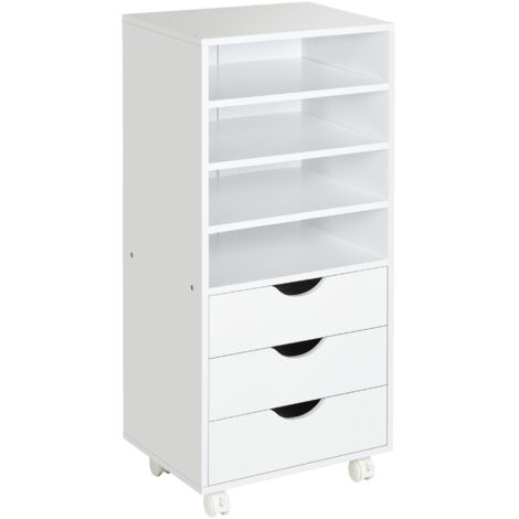 Commode bureau 3 tiroirs 4 étagères ouvertes unité tiroirs roues bureau, 38x40x86,8 cm, blanc (1/5)