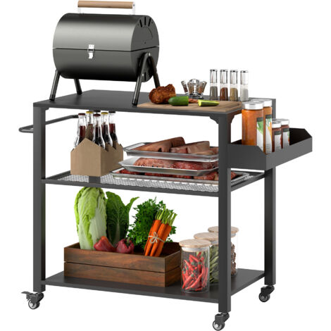 Chariot barbecue jardin/terrasse, étagères plan travail, roues, 105x50x79 cm, noir (1/5)