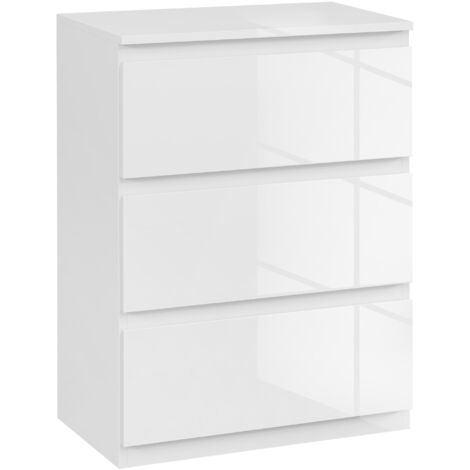 Commode 3 tiroirs moderne chambre anti-basculement, 55x34x75 cm, blanc brillant (1/5)