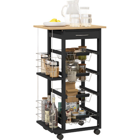Chariot cuisine roulettes, polyvalent, tiroir, 4 paniers, supports métal amovibles, 47x37x83 cm, noir (1/5)