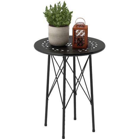 Table jardin ronde acier motifs fleurs feuilles pieds réglables structure x, Ø40x50 cm, noire (1/5)