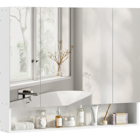 Miroir salle bain armoire 3 portes fermeture douce étagères réglables, 90x15x75 cm, blanc (1/5)