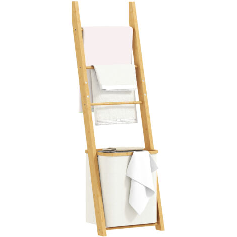 Étagère debout bambou crème, salle bain, 3 barres, panier à linge amovible, 48L. (1/5)