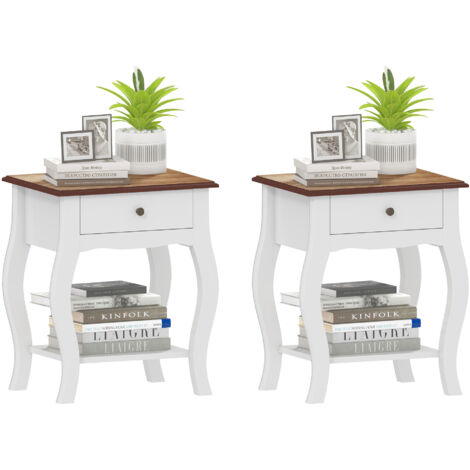 Pack 2 tables chevet tiroir étagère ouvert haut style français effet chêne, 45x35x55 cm, blanc/chêne (1/5)