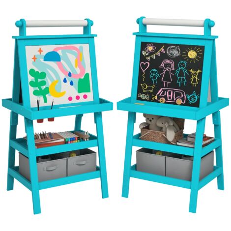 Tableau blanc magnétique double face bleu, 3-en-1, rouleau papier, paniers rangement, enfant. (1/5)
