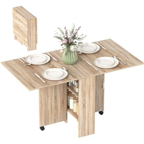 Table pliante 2 ailes pliantes bois 2 étagères roues cuisine/salle à manger, 75x140x74 cm, bois naturel (1/5)