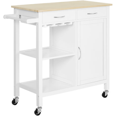 Chariot cuisine classique 2 tiroirs roulettes îlot bois meuble 2 portes peu place 89x40x84 cm blanc (1/5)