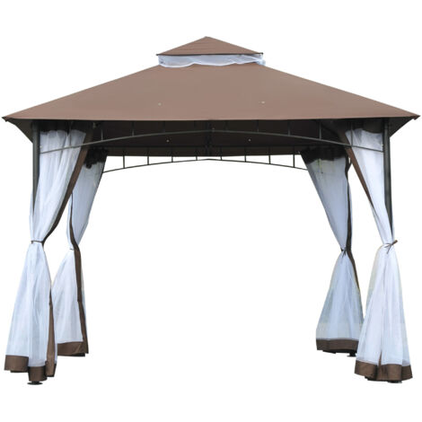 Gazebo jardin 3x3 m moustiquaire toit 2 niveaux cadre métal brun (1/5)