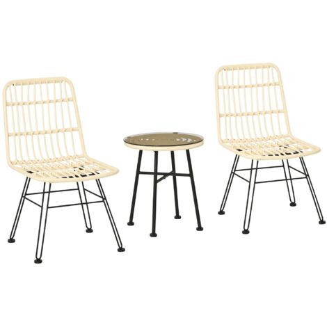 Ensemble bistro jardin 3 pièces 2 chaises+table basse ronde verre trempé zippé déhoussables polyester résine tressée PE métal galvanisé Ø45x50cm crème (1/5)