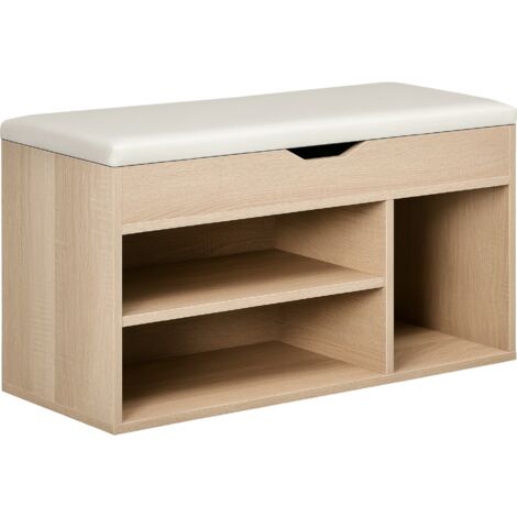 Armoire chaussures couloir éco, 3 compartiments, siège cuir PU, salon/couloir, 80x30x43 cm, couleur bois. (1/5)