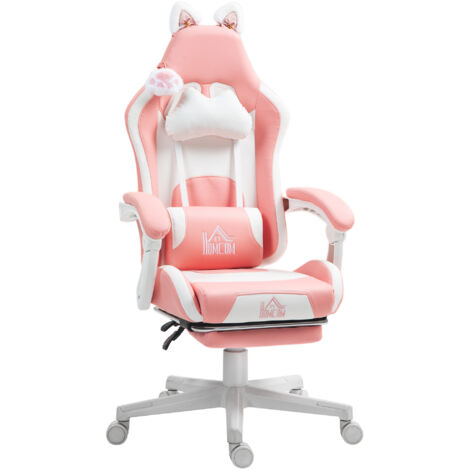 Chaise gaming ergonomique oreilles chat, faux cuir, repose-pieds, appui-tête, hauteur réglable, soutien lombaire/cervical, rose (1/5)