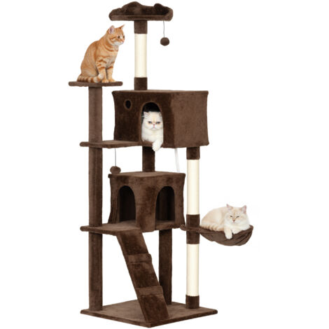 Arbre grattage chats 180 cm plateformes lit 2 grottes hamac échelle poteaux sisal, brun (1/5)