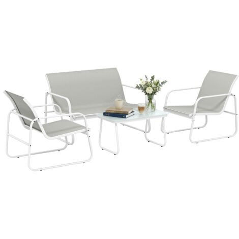 Ensemble jardin extérieur 4 pièces : canapé 2 places, 2 fauteuils, table verre trempé, textile gris clair (1/5)