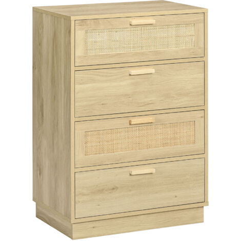 Commode 4 tiroirs rotin grille bois chambre bohème, 60x38x88,5 cm, naturel (1/5)