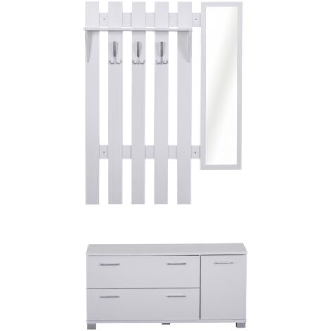 Hall entrée blanc, miroir, porte-chaussures, 3 crochets, étagère, 2 tiroirs. (1/5)