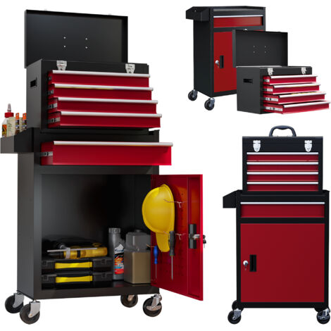 Chariot outils rouge, 5 tiroirs avec roues, boîte amovible, armoire à clés acier. Mobilier. (1/5)