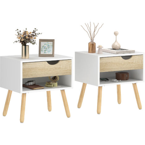 Lot 2 tables chevet tiroir étagère rangement chambre/salon/lit/bureau style moderne, 50x39x51 cm, blanc/chêne (1/5)